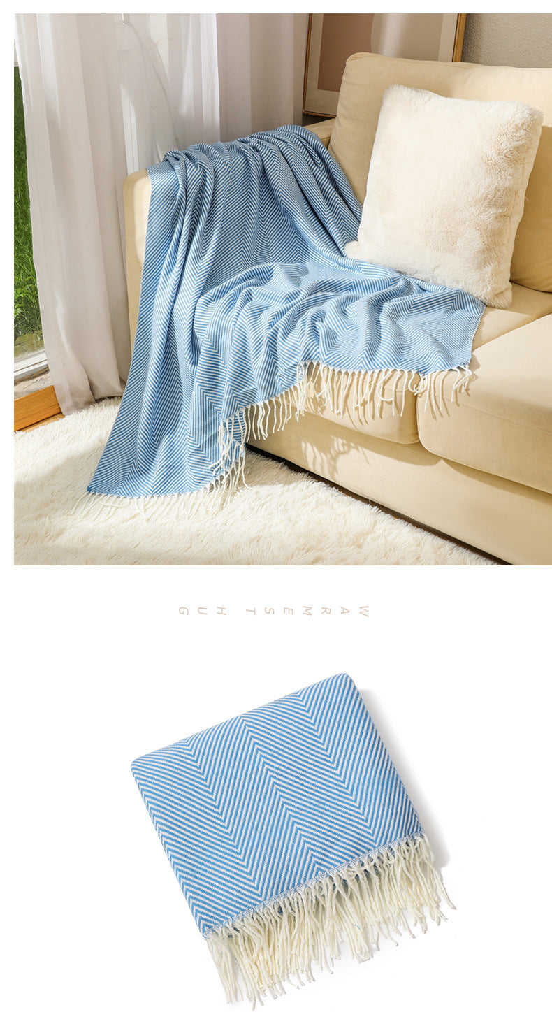 Blue Elegant Herringbone Tassel Throw Blanket - Large Acrylic Faux Cashmere Soft Cozy Blanket for Sofa, Bed & Decor (130x240cm) - Image 5