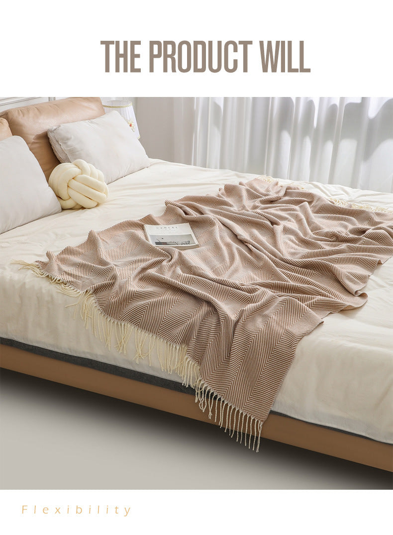 Khaki Elegant Herringbone Tassel Throw Blanket - Large Acrylic Faux Cashmere Soft Cozy Blanket for Sofa, Bed & Decor (130x240cm) - Image 5