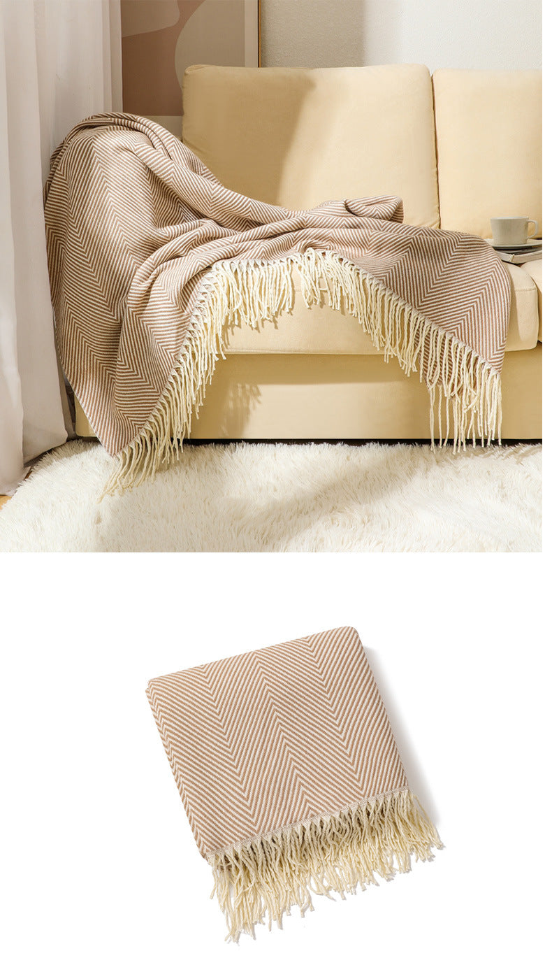 Khaki Elegant Herringbone Tassel Throw Blanket - Large Acrylic Faux Cashmere Soft Cozy Blanket for Sofa, Bed & Decor (130x240cm) - Image 6