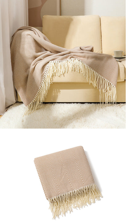 Khaki Elegant Herringbone Tassel Throw Blanket - Large Acrylic Faux Cashmere Soft Cozy Blanket for Sofa, Bed & Decor (130x240cm) - Image 6