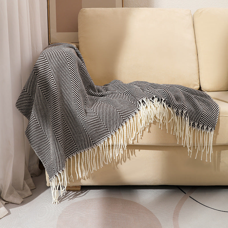 Black Elegant Herringbone Tassel Throw Blanket - Large Acrylic Faux Cashmere Soft Cozy Blanket for Sofa, Bed & Decor (130x240cm) - Image 5