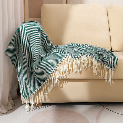Green Elegant Herringbone Tassel Throw Blanket - Large Acrylic Faux Cashmere Soft Cozy Blanket for Sofa, Bed & Decor (130x240cm) - Image 2