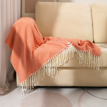 Orange Elegant Herringbone Tassel Throw Blanket - Large Acrylic Faux Cashmere Soft Cozy Blanket for Sofa, Bed & Decor (130x240cm) - Image 2