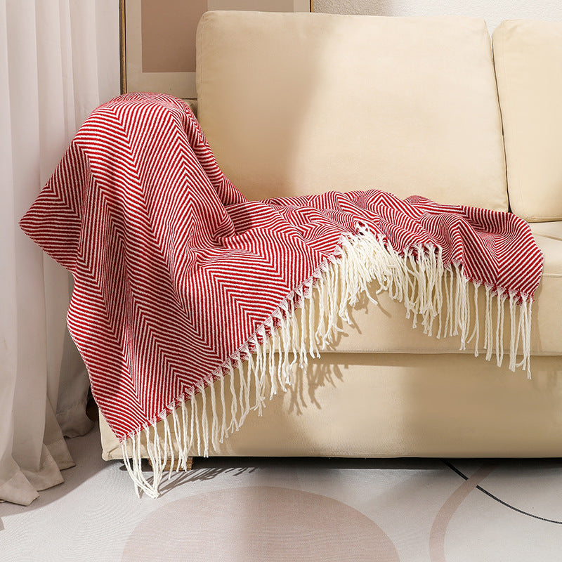 Red Elegant Herringbone Tassel Throw Blanket - Large Acrylic Faux Cashmere Soft Cozy Blanket for Sofa, Bed & Decor (130x240cm) - Image 2