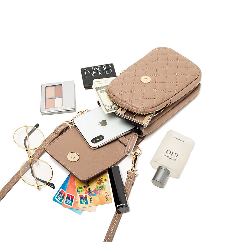 Beige Chic Quilted Crossbody Phone Bag - PU Leather Mini Purse with Floral Stitching & Adjustable Strap - Image 3