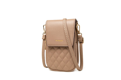 Beige Chic Quilted Crossbody Phone Bag - PU Leather Mini Purse with Floral Stitching & Adjustable Strap - Image 4