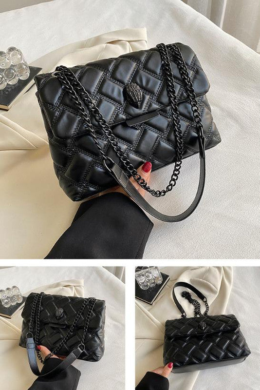 Black Chic Quilted Crossbody Bag for Women - PU Leather Diamond Pattern Chain Strap Shoulder Purse with Elegant Clasp - Image 2
