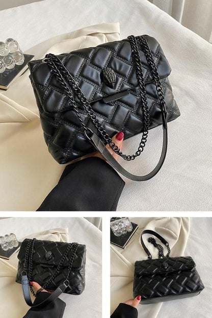 Black Chic Quilted Crossbody Bag for Women - PU Leather Diamond Pattern Chain Strap Shoulder Purse with Elegant Clasp - Image 2