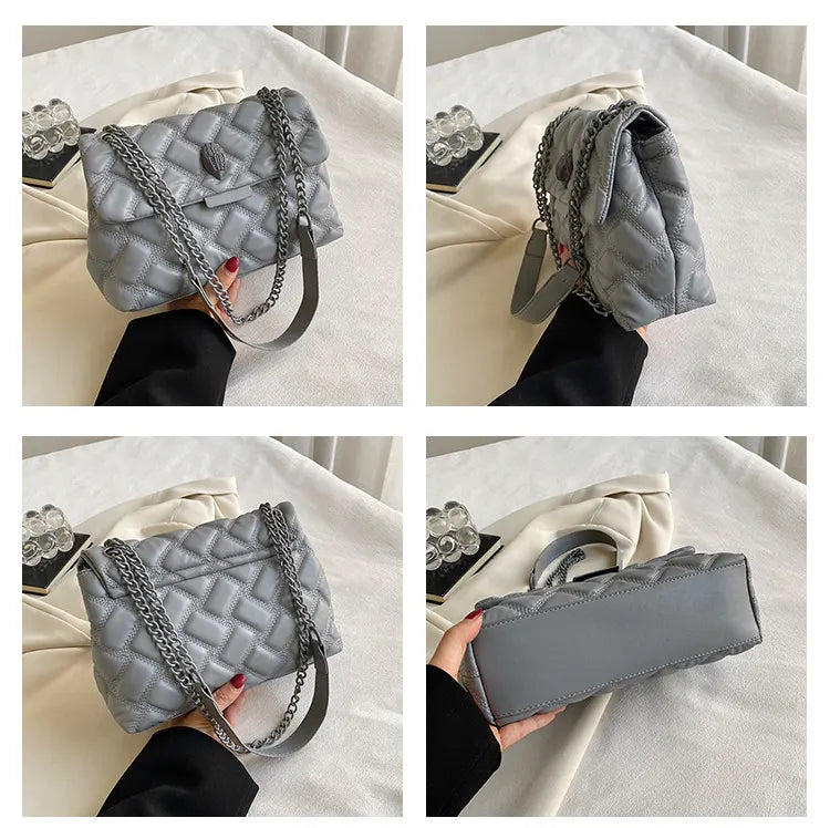 Black Chic Quilted Crossbody Bag for Women - PU Leather Diamond Pattern Chain Strap Shoulder Purse with Elegant Clasp - Image 5