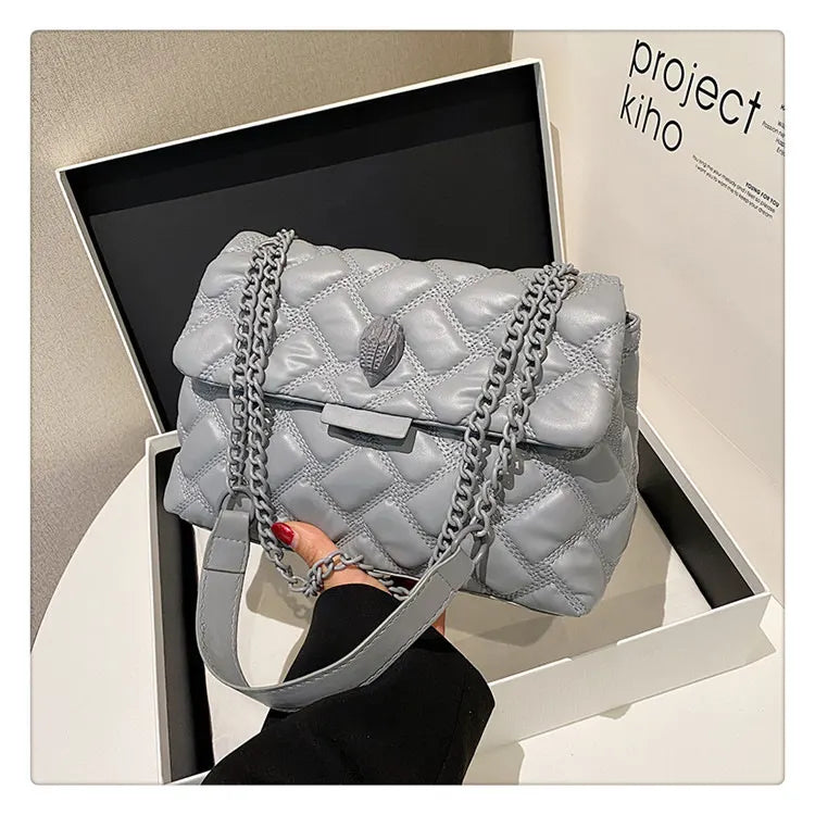 Grey Chic Quilted Crossbody Bag for Women - PU Leather Diamond Pattern Chain Strap Shoulder Purse with Elegant Clasp