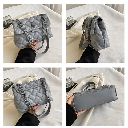 Grey Chic Quilted Crossbody Bag for Women - PU Leather Diamond Pattern Chain Strap Shoulder Purse with Elegant Clasp - Image 2