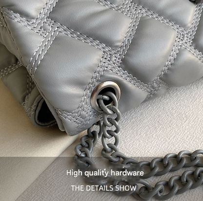 Grey Chic Quilted Crossbody Bag for Women - PU Leather Diamond Pattern Chain Strap Shoulder Purse with Elegant Clasp - Image 4