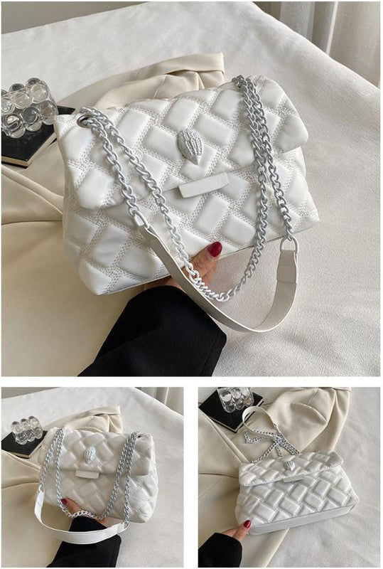 White Chic Quilted Crossbody Bag for Women - PU Leather Diamond Pattern Chain Strap Shoulder Purse with Elegant Clasp - Image 2