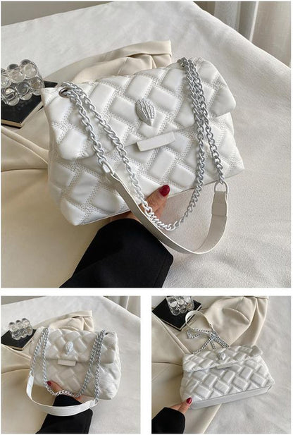 White Chic Quilted Crossbody Bag for Women - PU Leather Diamond Pattern Chain Strap Shoulder Purse with Elegant Clasp - Image 2