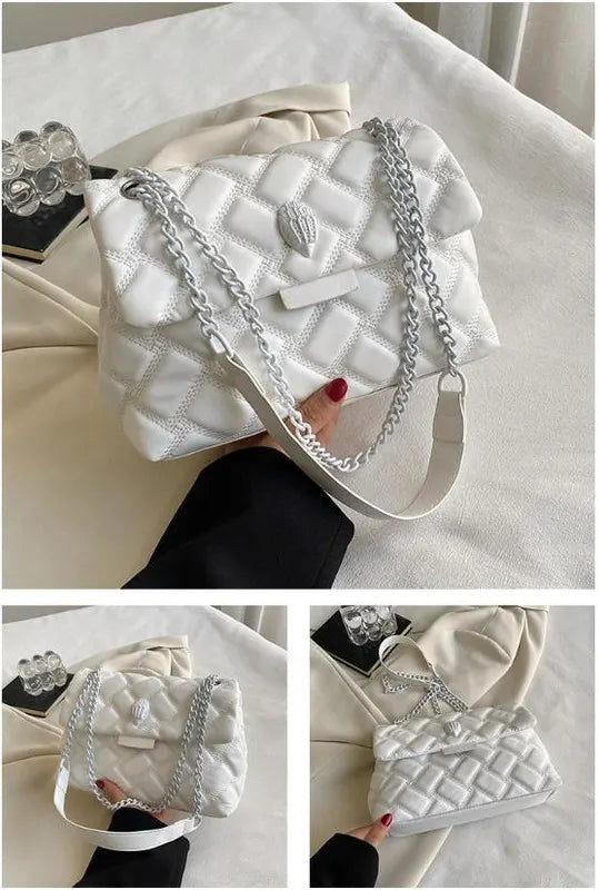 White Chic Quilted Crossbody Bag for Women - PU Leather Diamond Pattern Chain Strap Shoulder Purse with Elegant Clasp - Image 2
