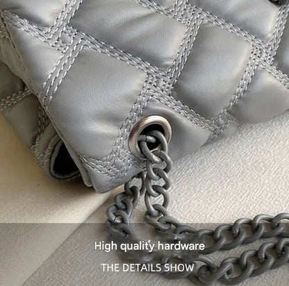 White Chic Quilted Crossbody Bag for Women - PU Leather Diamond Pattern Chain Strap Shoulder Purse with Elegant Clasp - Image 5