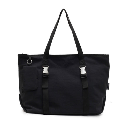 Black Women's Large Capacity Nylon Tote Bag - Stylish Casual Shoulder with Detachable Pouch - Image 2