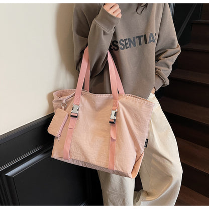 Pink Women's Large Capacity Nylon Tote Bag - Stylish Casual Shoulder with Detachable Pouch - Image 2