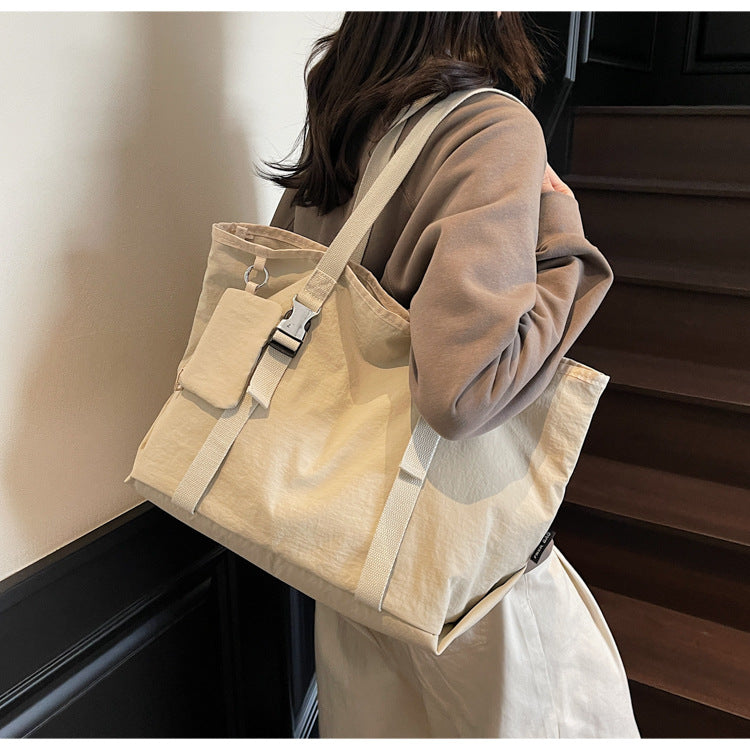 Beige Women's Large Capacity Nylon Tote Bag - Stylish Casual Shoulder with Detachable Pouch - Image 2