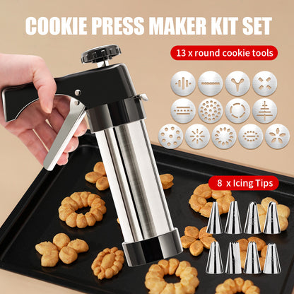 Silver and Black Stainless Steel Cookie Press Gun Kit - Biscuit Maker & Icing Decorating Set with 13 Discs & 8 Nozzles - Image 2