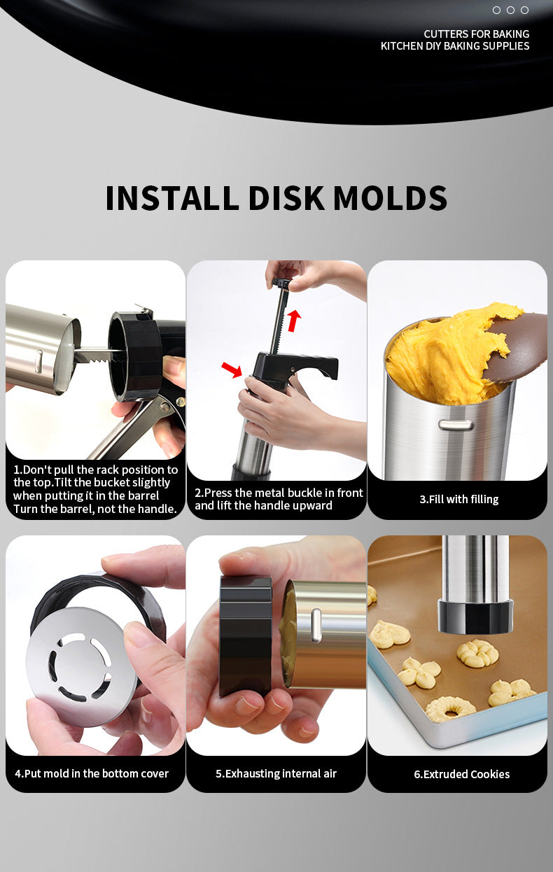 Silver and Black Stainless Steel Cookie Press Gun Kit - Biscuit Maker & Icing Decorating Set with 13 Discs & 8 Nozzles - Image 4