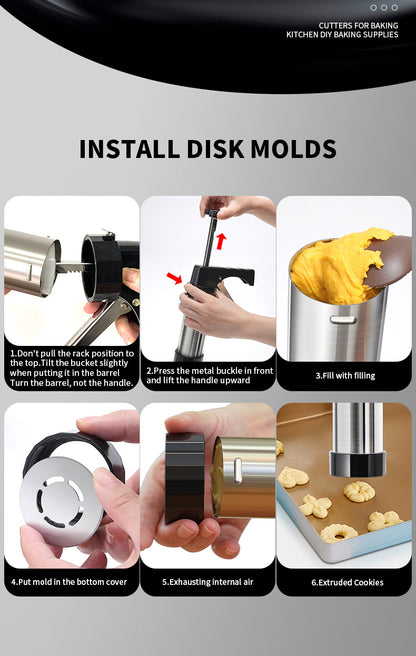 Silver and Black Stainless Steel Cookie Press Gun Kit - Biscuit Maker & Icing Decorating Set with 13 Discs & 8 Nozzles - Image 4