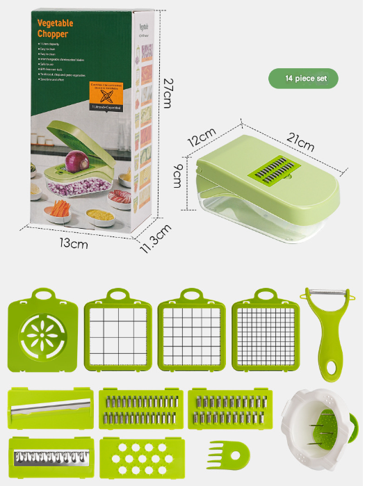 Green Versatile 14-in-1 Vegetable Chopper & Slicer Set - Multi-functional Kitchen Mandoline Dicer & Grater - Image 2
