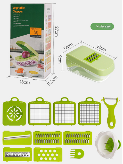 Green Versatile 14-in-1 Vegetable Chopper & Slicer Set - Multi-functional Kitchen Mandoline Dicer & Grater - Image 2