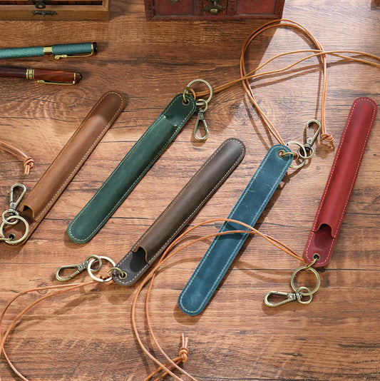 Coffee Vintage Top-Grain Leather Pen Sleeve Holder with Neck Strap - Protective Single Pen Case - Image 2