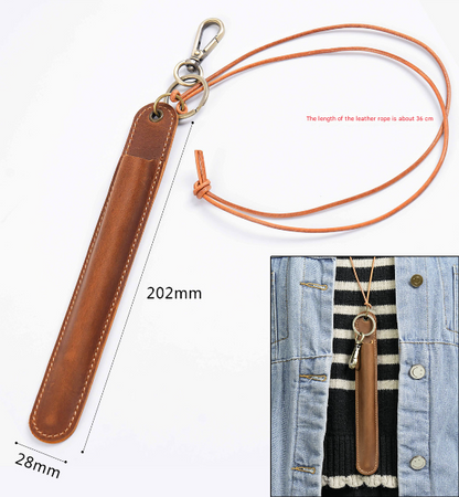 Coffee Vintage Top-Grain Leather Pen Sleeve Holder with Neck Strap - Protective Single Pen Case - Image 3