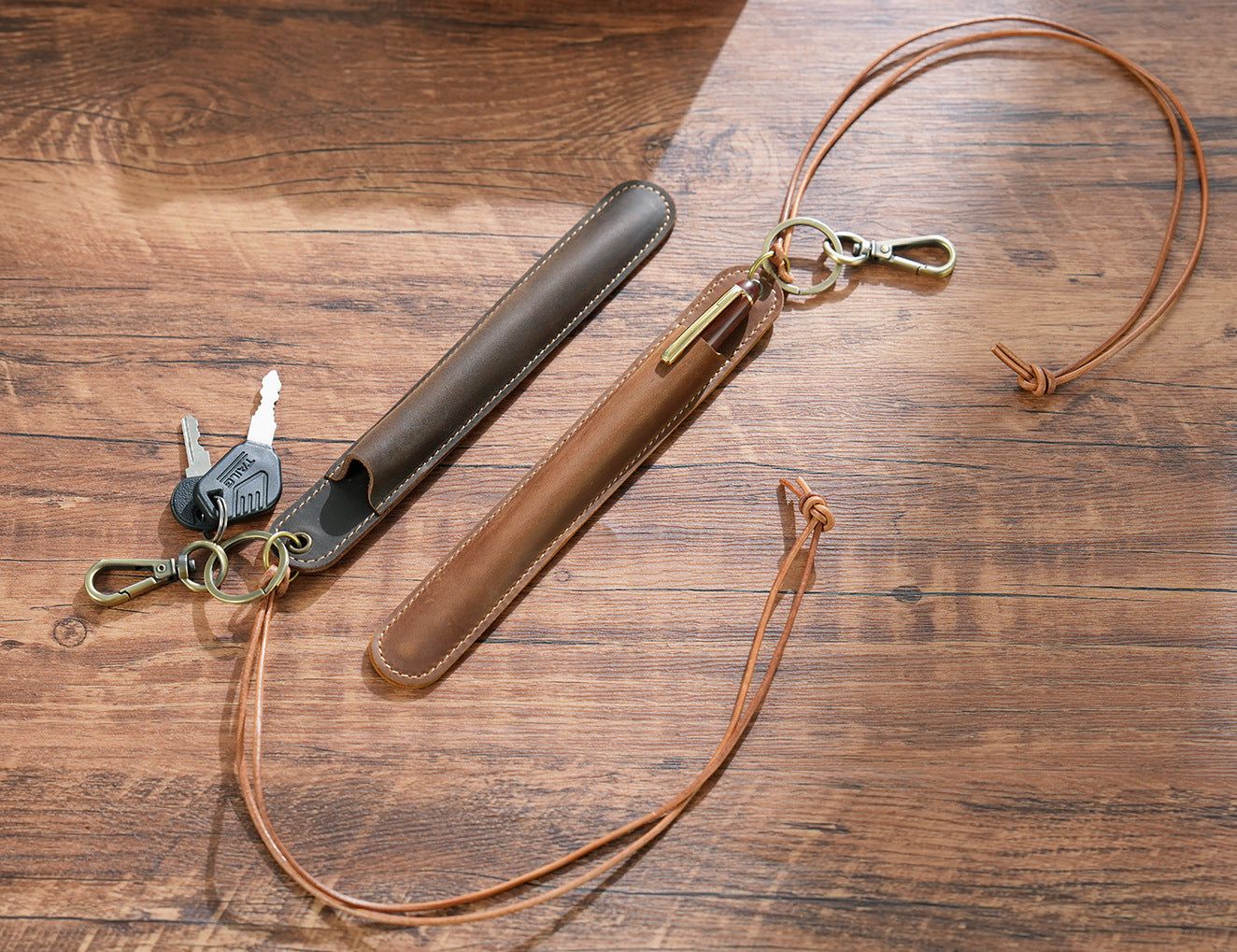 Brown Vintage Top-Grain Leather Pen Sleeve Holder with Neck Strap - Protective Single Pen Case - Image 4