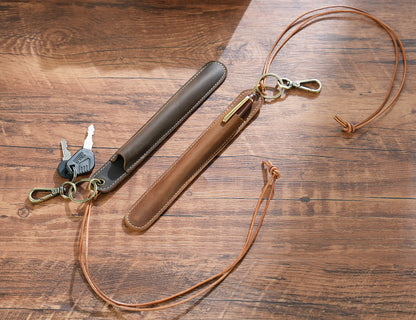 Brown Vintage Top-Grain Leather Pen Sleeve Holder with Neck Strap - Protective Single Pen Case - Image 4
