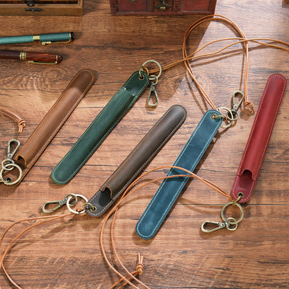 Red Vintage Top-Grain Leather Pen Sleeve Holder with Neck Strap - Protective Single Pen Case - Image 2