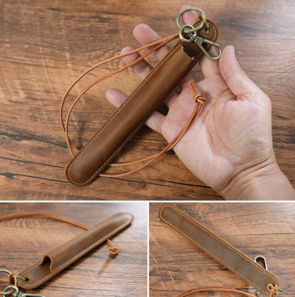 Red Vintage Top-Grain Leather Pen Sleeve Holder with Neck Strap - Protective Single Pen Case - Image 6