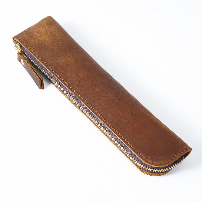 Brown Vintage Crazy Horse Leather Zippered Pen Case - Retro Pencil Pouch & Small Accessories Bag