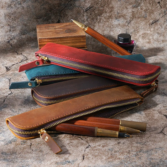 Brown Vintage Crazy Horse Leather Zippered Pen Case - Retro Pencil Pouch & Small Accessories Bag - Image 2