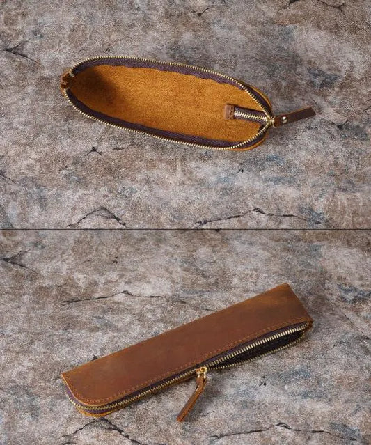 Coffee Vintage Crazy Horse Leather Zippered Pen Case - Retro Pencil Pouch & Small Accessories Bag - Image 5
