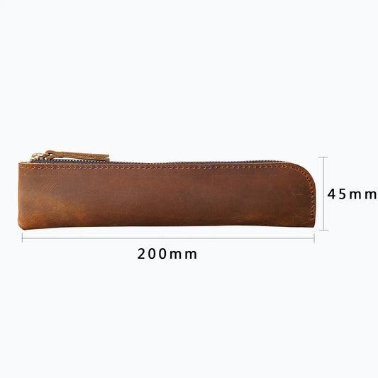 Red Vintage Crazy Horse Leather Zippered Pen Case - Retro Pencil Pouch & Small Accessories Bag - Image 3