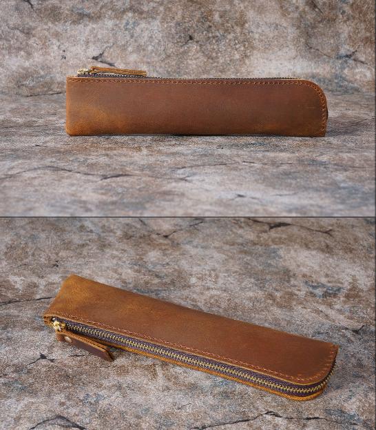 Red Vintage Crazy Horse Leather Zippered Pen Case - Retro Pencil Pouch & Small Accessories Bag - Image 4