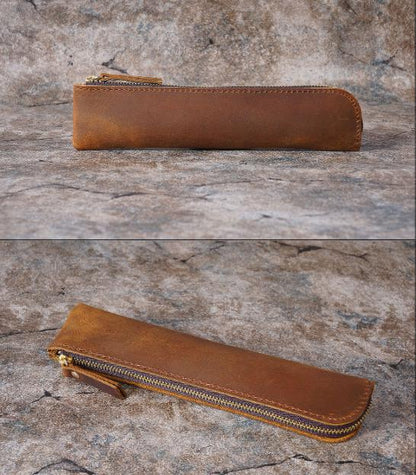 Red Vintage Crazy Horse Leather Zippered Pen Case - Retro Pencil Pouch & Small Accessories Bag - Image 4