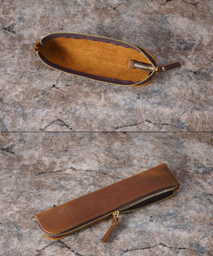 Red Vintage Crazy Horse Leather Zippered Pen Case - Retro Pencil Pouch & Small Accessories Bag - Image 5