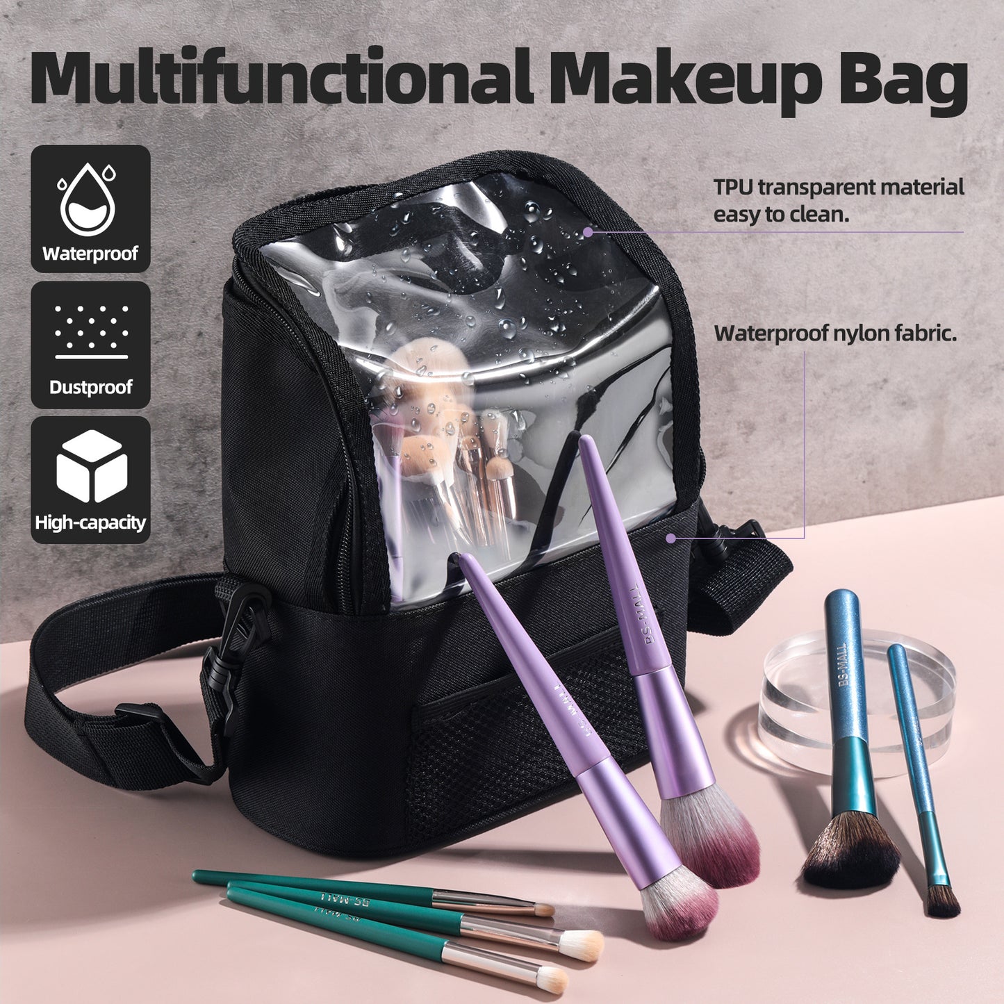 Black Professional Makeup Bag Organizer - Large Capacity Travel Cosmetic Case with Brush Holder, Adjustable Dividers & Shoulder Strap