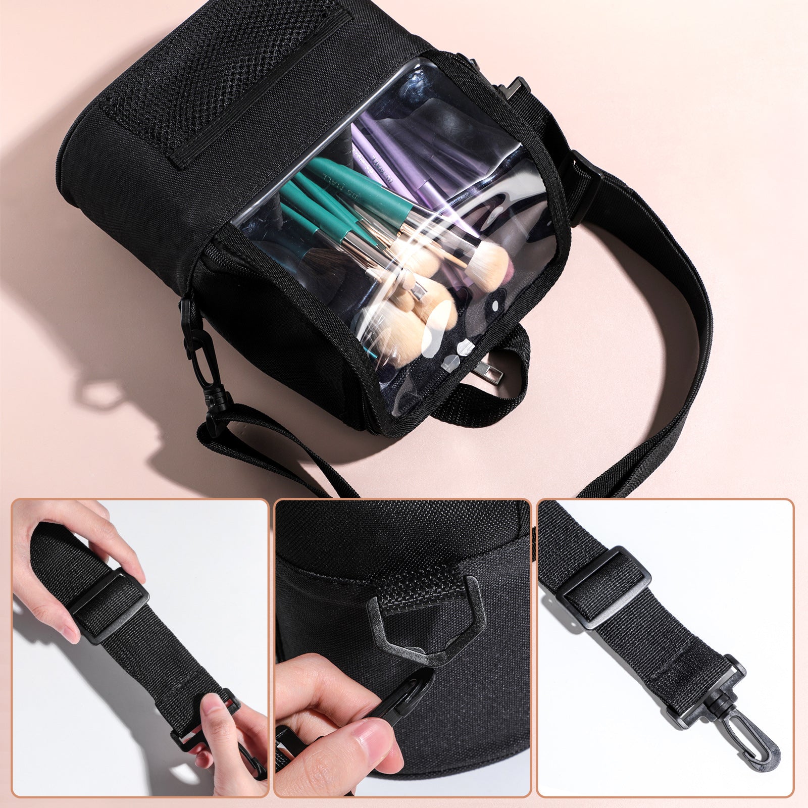 Black Professional Makeup Bag Organizer - Large Capacity Travel Cosmetic Case with Brush Holder, Adjustable Dividers & Shoulder Strap - Image 2