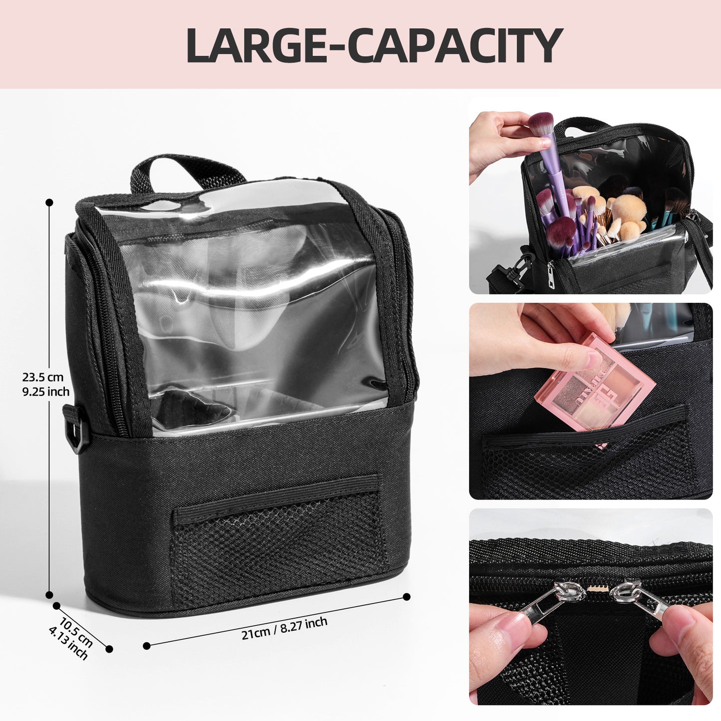 Black Professional Makeup Bag Organizer - Large Capacity Travel Cosmetic Case with Brush Holder, Adjustable Dividers & Shoulder Strap - Image 3