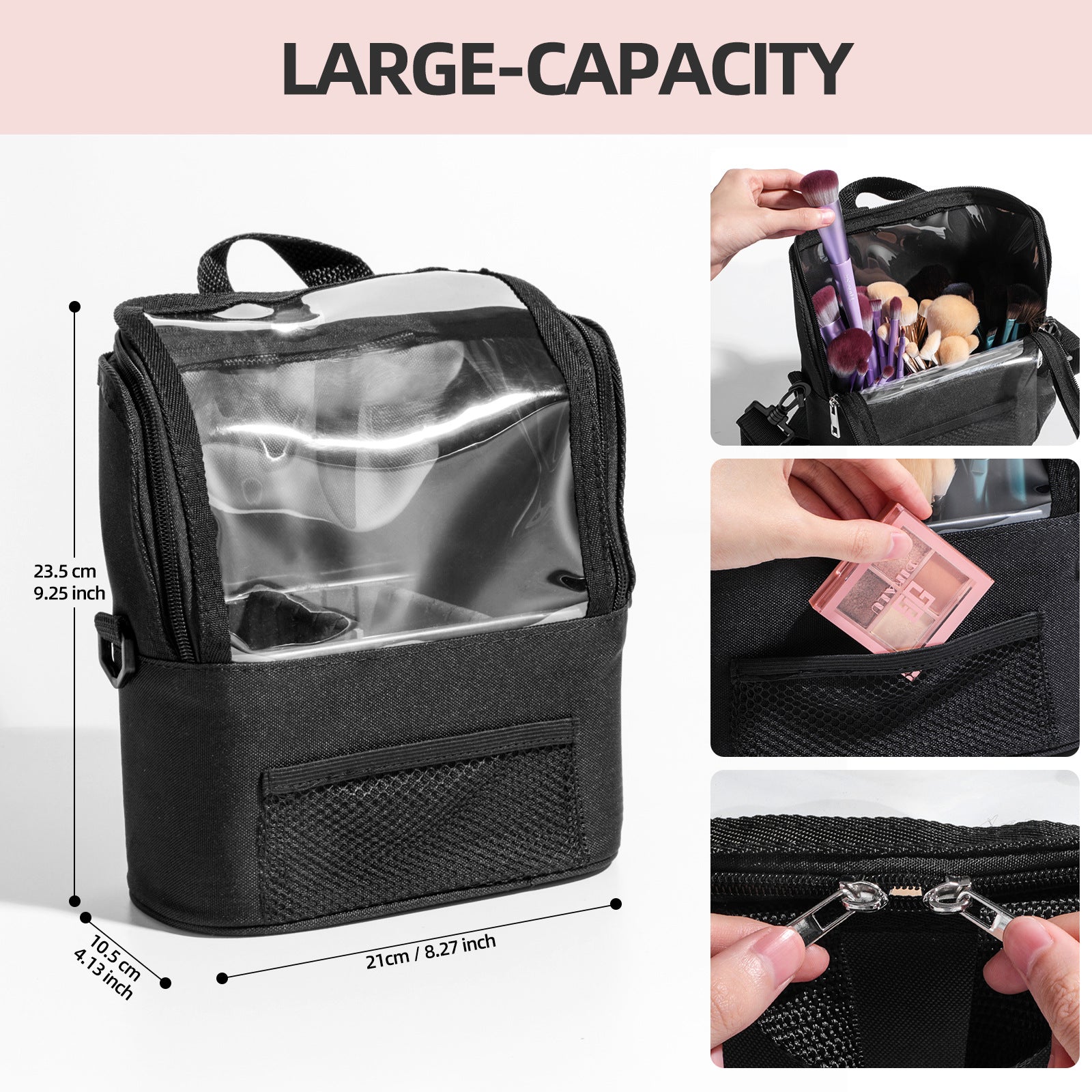 Black Professional Makeup Bag Organizer - Large Capacity Travel Cosmetic Case with Brush Holder, Adjustable Dividers & Shoulder Strap - Image 3