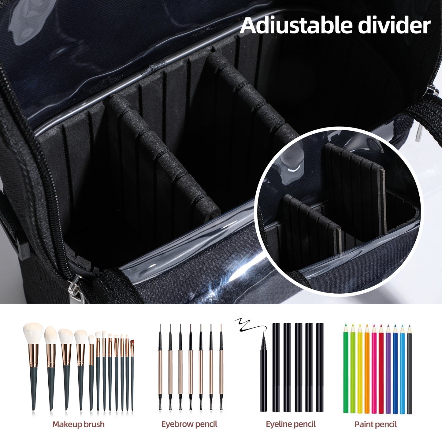 Black Professional Makeup Bag Organizer - Large Capacity Travel Cosmetic Case with Brush Holder, Adjustable Dividers & Shoulder Strap - Image 4