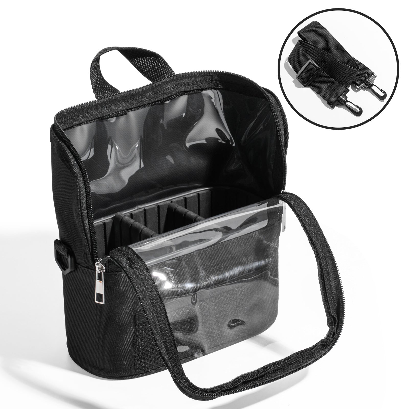 Black Professional Makeup Bag Organizer - Large Capacity Travel Cosmetic Case with Brush Holder, Adjustable Dividers & Shoulder Strap - Image 5