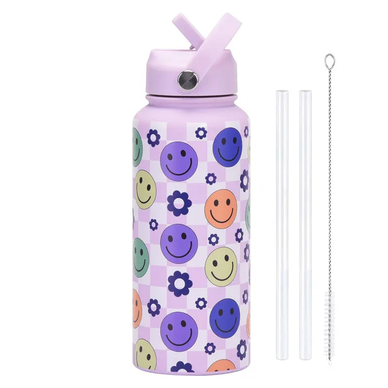 Style 27A Purple Smiley Face Pattern Vibrant Fun Print 1L Stainless Steel Insulated Water Bottle - 32oz Large Capacity with Straw Lid & Carry Handle - BPA-Free