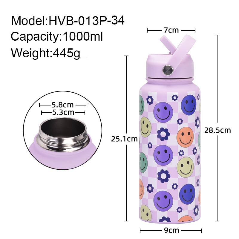 Style 27A Purple Smiley Face Pattern Vibrant Fun Print 1L Stainless Steel Insulated Water Bottle - 32oz Large Capacity with Straw Lid & Carry Handle - BPA-Free - Image 3
