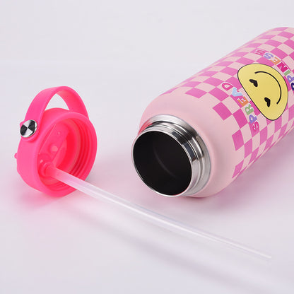 Style 27A Purple Smiley Face Pattern Vibrant Fun Print 1L Stainless Steel Insulated Water Bottle - 32oz Large Capacity with Straw Lid & Carry Handle - BPA-Free - Image 5